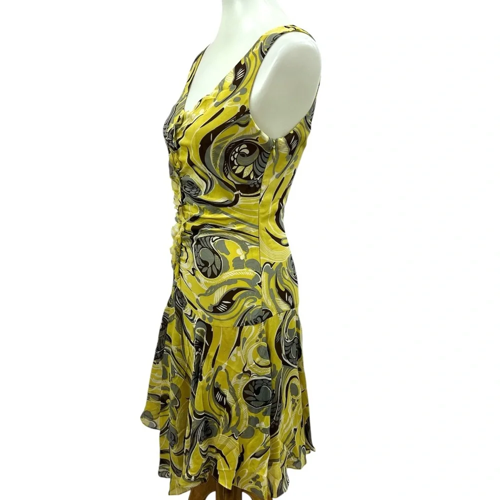Vintage BCBG Maxazria Y2K Chartreuse Psychedelic Paisley Silk Art Deco Dress